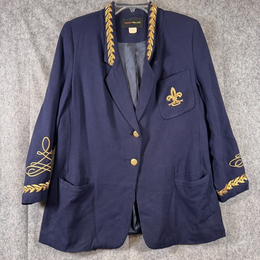 Vtg Harris Wallas Wool Blazer Sailor Womens 1X Blue Gold Crest Old Money 90s